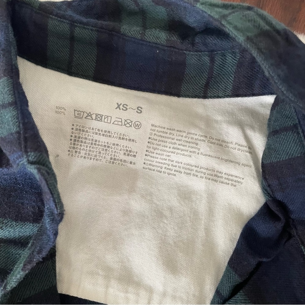 MUJI Long Sleeve Button Down Dress Plaid Organic Cotton Flannel Dark Green - Picture 3 of 3